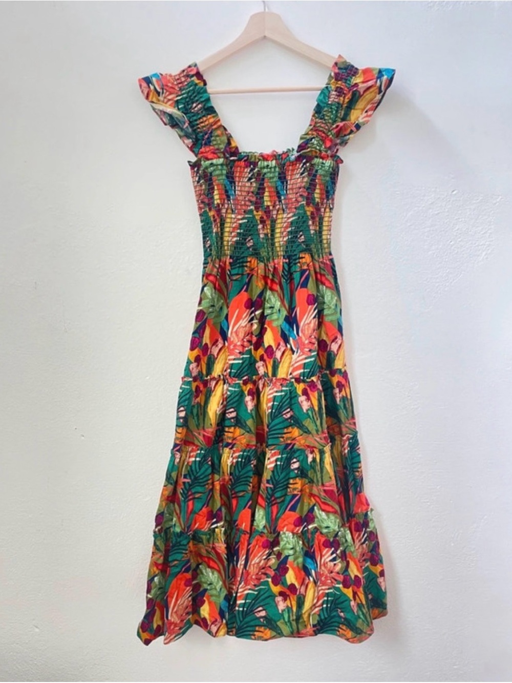 o.p.t. Women’s Small Tropical Smocked Midi Dress 100% Cotton